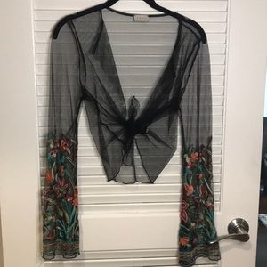 black mesh front tie top with floral embroidery